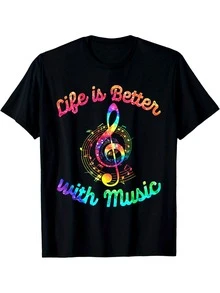 La vida es mejor con símbolos musicales y camisetas de músico con efecto tie-dye. Camisetas de manga corta cómodas e informales para el verano. - Negro - Ver 7