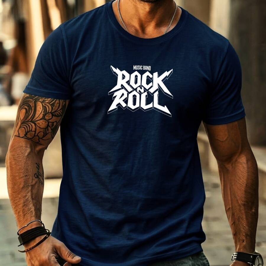 Men's Streetwear T-Shirt With Printed ROCK AND ROLL Music Band Design, Basic Style, Premium Fabric, For Everyday Wear. - 藏蓝色 - 查看 1