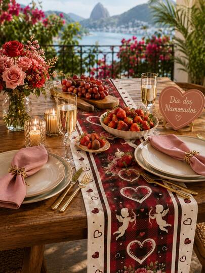 1pc Valentine's Day Table Runner, Romantic Decoration With Hearts, Cupid And Roses, Ideal For Valentine's Day Dinner, Date Night, Couple's Party And Romantic Celebrations