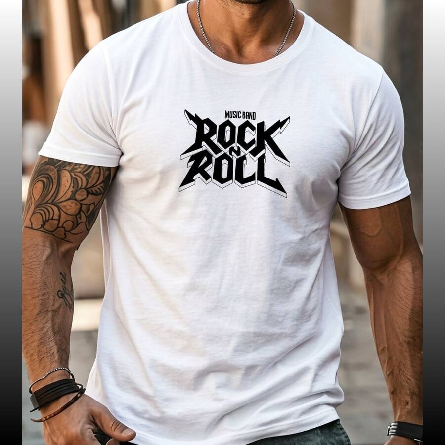 Men's Streetwear T-Shirt With Printed ROCK AND ROLL Music Band Design, Basic Style, Premium Fabric, For Everyday Wear. - 白色 - 查看 1
