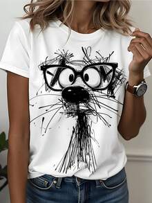 Figura divertida de gato con gafas grandes trazada con líneas caóticas que transmiten energía y estilo artístico moderno camiseta de mujer casual cómoda para uso diario - Blanco - Ver 8
