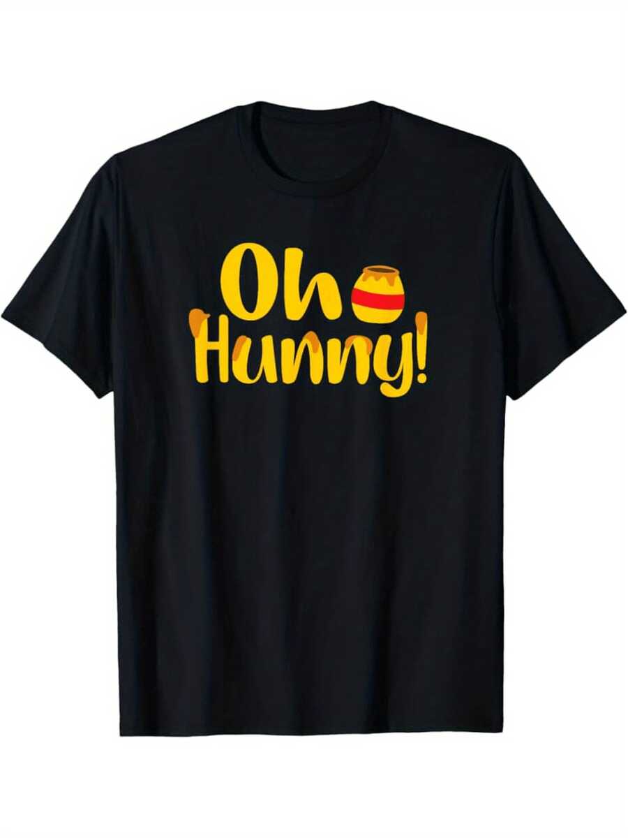 Oh Hunny Pot! Matching Couples T-Shirt | Casual Graphic Tee With Playful Honey Pot Design, Black And Yellow Print, Regular Fit All-Season Comfort, Machine Washable, Cute And Fun Print, Comfortable Material, Breathable Fabric, Unisex - 黑色 - 查看 1