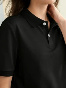 女士纯色短袖休闲健身运动Polo衫 黑色 夏季 - 黑色 - 查看 2