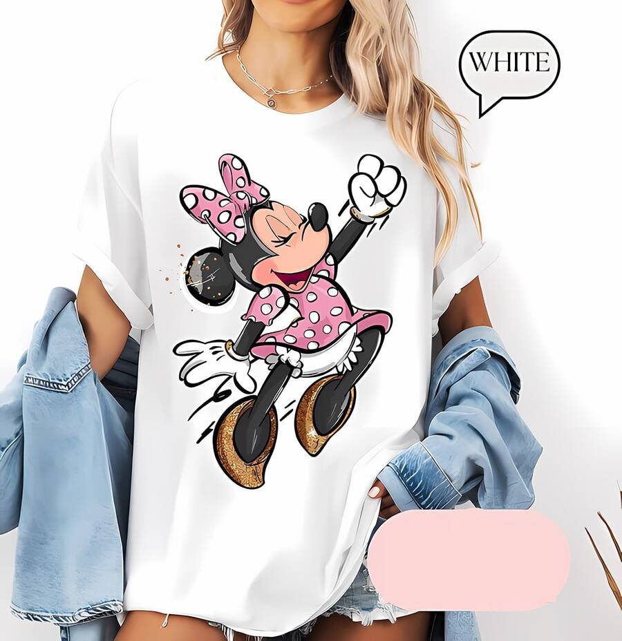 Disney Minnie Mouse Pink Polka Dot Bow Graphic T-Shirt For Women, Breathable Cotton Crew Neck Tee, Casual Summer Tops De Mujer, Theme Park Vacation Outfits Women, Soft Summer Outfits For Women, Cute Cartoon Print Short Sleeve Tops - White - View 1