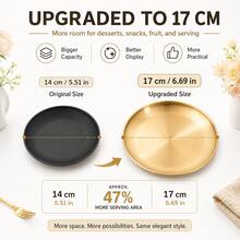 Bộ 4 món/6 món/1 set đĩa tráng miệng tròn bằng thép không gỉ 6.69 inch/17cm 3 màu kèm giá đỡ kim loại, khay đựng đồ ăn màu đen bạc vàng, phù hợp cho đồ ăn nhẹ, bánh, trái cây, tiệc tại gia và trang trí nhà bếp - Nhiều màu - Xem 3