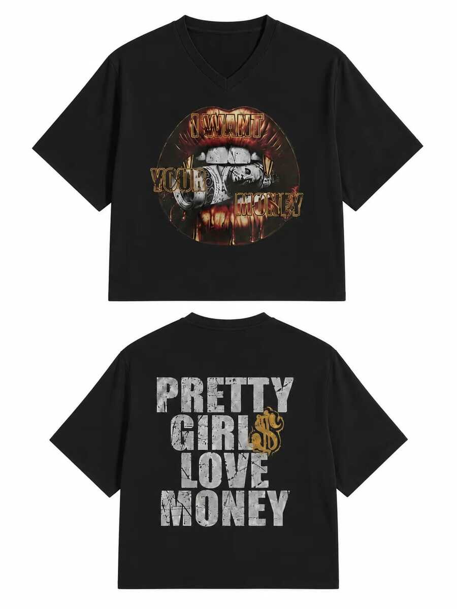 Fly "I Want Your Money" Hip-Hop Flow T-Shirt Double-Sided Printed Top, Unisex Style, Ideal Gift Choice For Summer Casual Wear. Vintage Street-Style V-Neck Short Sleeve T-Shirt Top - Đen 3 - Xem 1
