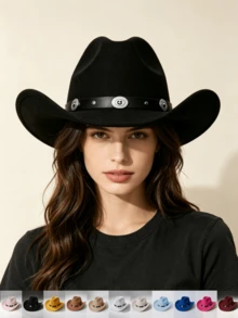 1pc Women's , Western Cowboy Solid Color Heart-Shaped Crown Rolled Brim Felt, Decorated With Silver Chain Circle, Suitable For Outdoor Party, Performance, Hiking, Unisex Versatile Style - Multicolor - View 1