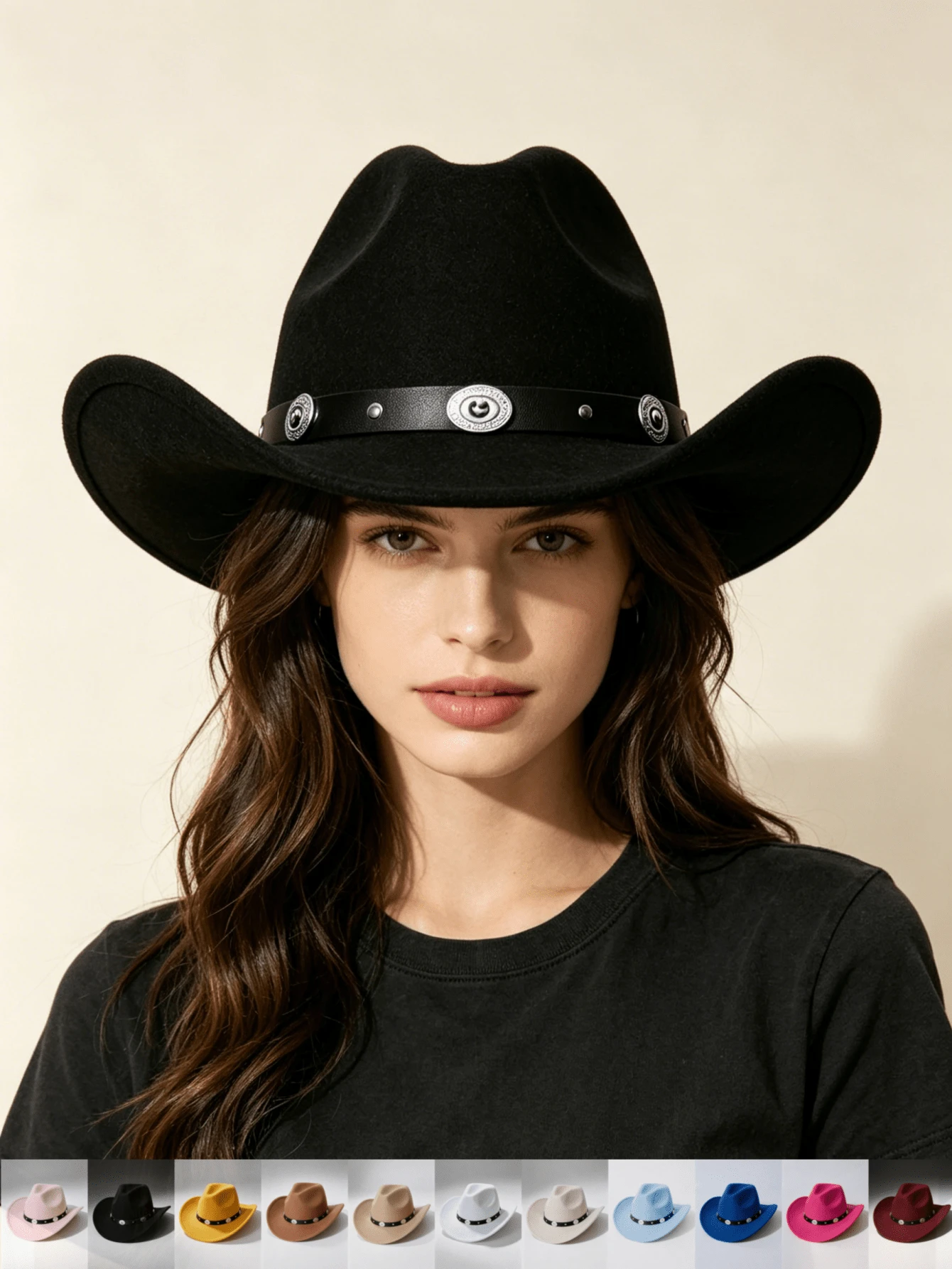 1pc Women's , Western Cowboy Solid Color Heart-Shaped Crown Rolled Brim Felt, Decorated With Silver Chain Circle, Suitable For Outdoor Party, Performance, Hiking, Unisex Versatile Style - Multicolor - View 1