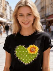 Corazón espinoso verde con vibrante flor amarilla simboliza amor resistente y naturaleza fuerte, camiseta de mujer gráfica única para expresar tu individualidad. - Negro - Ver 8