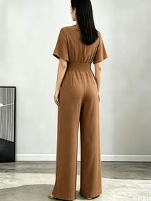 Women's Jumpsuit With Wide-Leg Pants, Sleeves, And V-Neck - Duna - 棕色的 - 查看 4