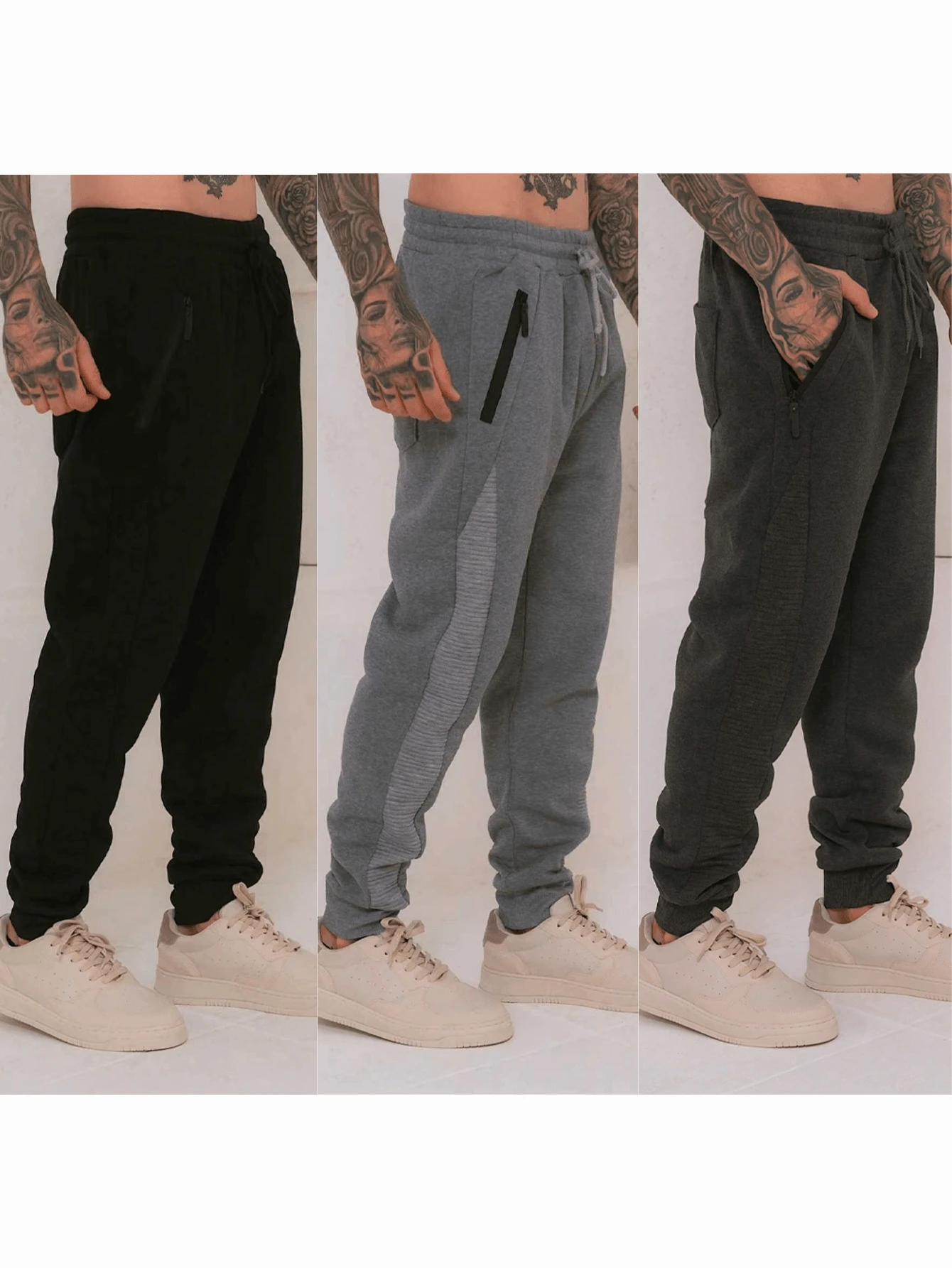 2-Piece Set Of Men's Fleece-Lined Sweatpants / Zippered Pockets / Elastic Waistband, Available In 3 Random Colors. - 彩色 - 查看 1