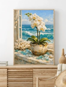 1pc Canvas Wall Art, Framed Wall Decor, Seaside White Orchid, Seaside Cottage Orchid & Teal Waves Art Print, Vintage Windowsill Orchid With Sea Glass & Coral, Nautical Style White Orchid Seascape Wall Art, Bright Summer Beach Decor - Multicolor - View 1