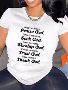 Momentos felices alabando a Dios y en tiempos difíciles buscando su guía mostrando fe confianza y gratitud con un mensaje espiritual inspirador camiseta de mujer casual cómoda y moderna para uso diario - Blanco - Ver 8