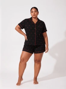 Snug League Plus Size Women Bubble Crinkle Cherries Print Short Sleeve Shirt & Shorts Pajama Set, Outfits - Black - View 3