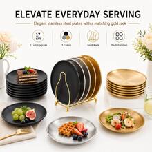 Bộ 4 món/6 món/1 set đĩa tráng miệng tròn bằng thép không gỉ 6.69 inch/17cm 3 màu kèm giá đỡ kim loại, khay đựng đồ ăn màu đen bạc vàng, phù hợp cho đồ ăn nhẹ, bánh, trái cây, tiệc tại gia và trang trí nhà bếp - Nhiều màu - Xem 10