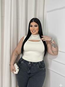 Women's Plus Size High Neck Sleeveless Bodysuit In Spandex - Fitted, Modern, And Comfortable - White - View 2