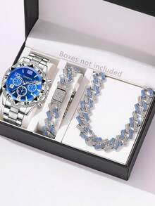 Set de 3 piezas de pulseras de reloj de hombre plateadas, cadena de reloj de lujo con tres ojos grabados de moda, conjunto de joyería, adecuado para uso diario, decoración o regalo de vacaciones - Plateado - Ver 6
