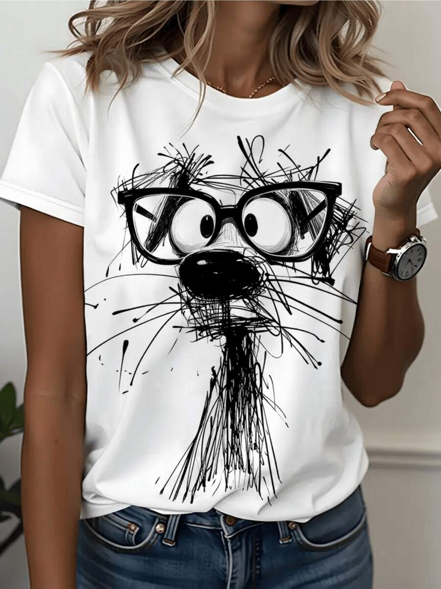 Figura divertida de gato con gafas grandes trazada con líneas caóticas que transmiten energía y estilo artístico moderno camiseta de mujer casual cómoda para uso diario - Blanco - Ver 1