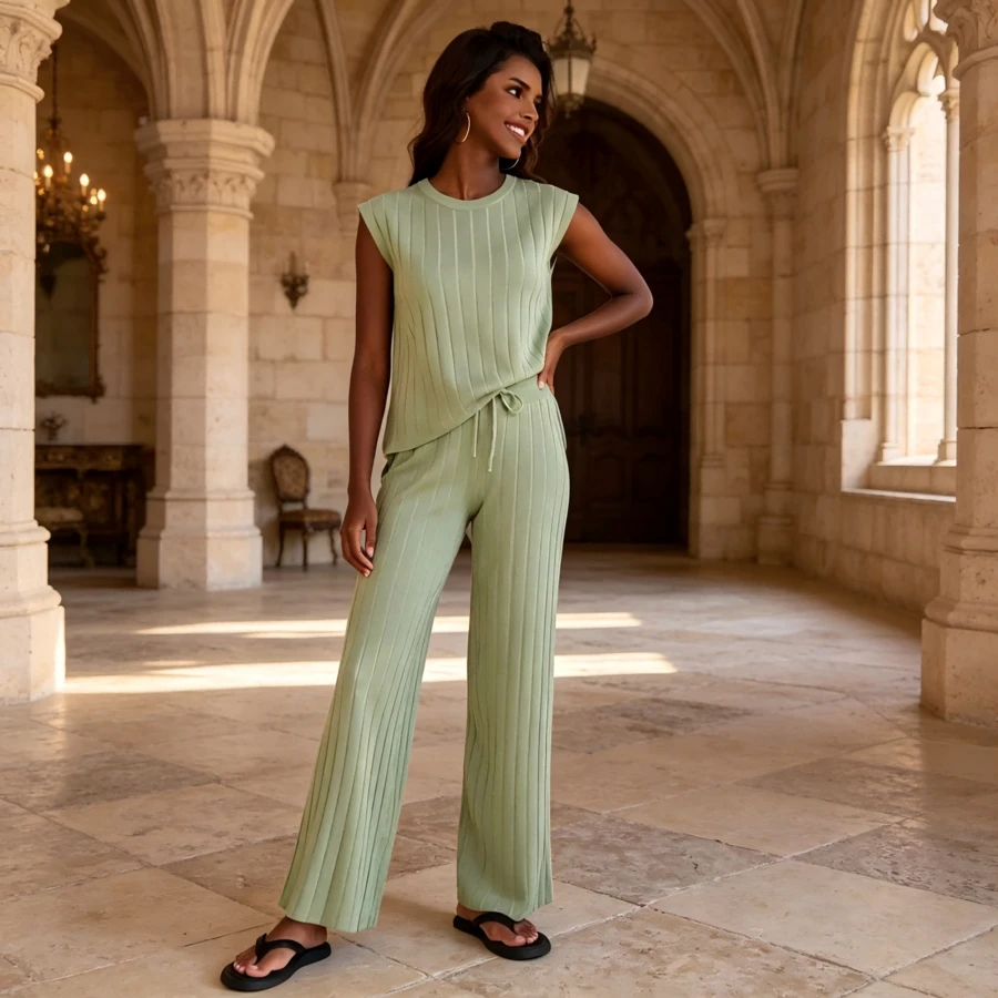 Joyfunear 2025 Summer Women Sweater Set 2 Piece Lounge Set Short Sleeve Knit Pullover Tops High Waisted Wide Leg Pants Outfits - 淺綠色 - 查看 1