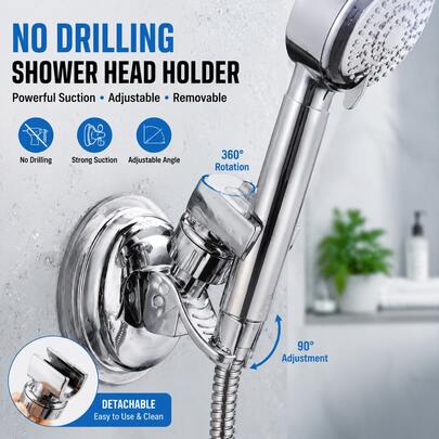 Vacuum Suction Adjustable Shower Head Holder - No-Drill, Removable Wall Mount For Handheld Showers - 360° Rotatable & Angle-Adjustable Bathroom Accessory - ABS Plastic (Silver)