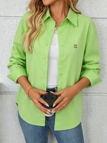 Women's Casual Versatile Simple Letter Embroidered Shirt - Fluorescent Green - View 2