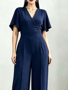 Women's Jumpsuit With Wide-Leg Pants, Sleeves, And V-Neck - Duna - 藏蓝色 - 查看 2