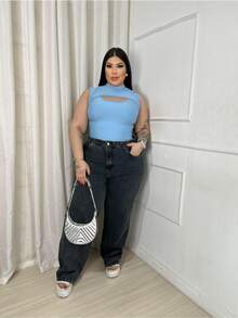 Women's Plus Size High Neck Sleeveless Bodysuit In Spandex - Fitted, Modern, And Comfortable - Màu xanh nhạt - Xem 2
