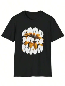 Flor amarilla brillante que simboliza energía positiva y renacimiento diario acompañada de letras blancas curvas que inspiran alegría y motivación camiseta de mujer cómoda moderna para días relajados - Negro - Ver 1