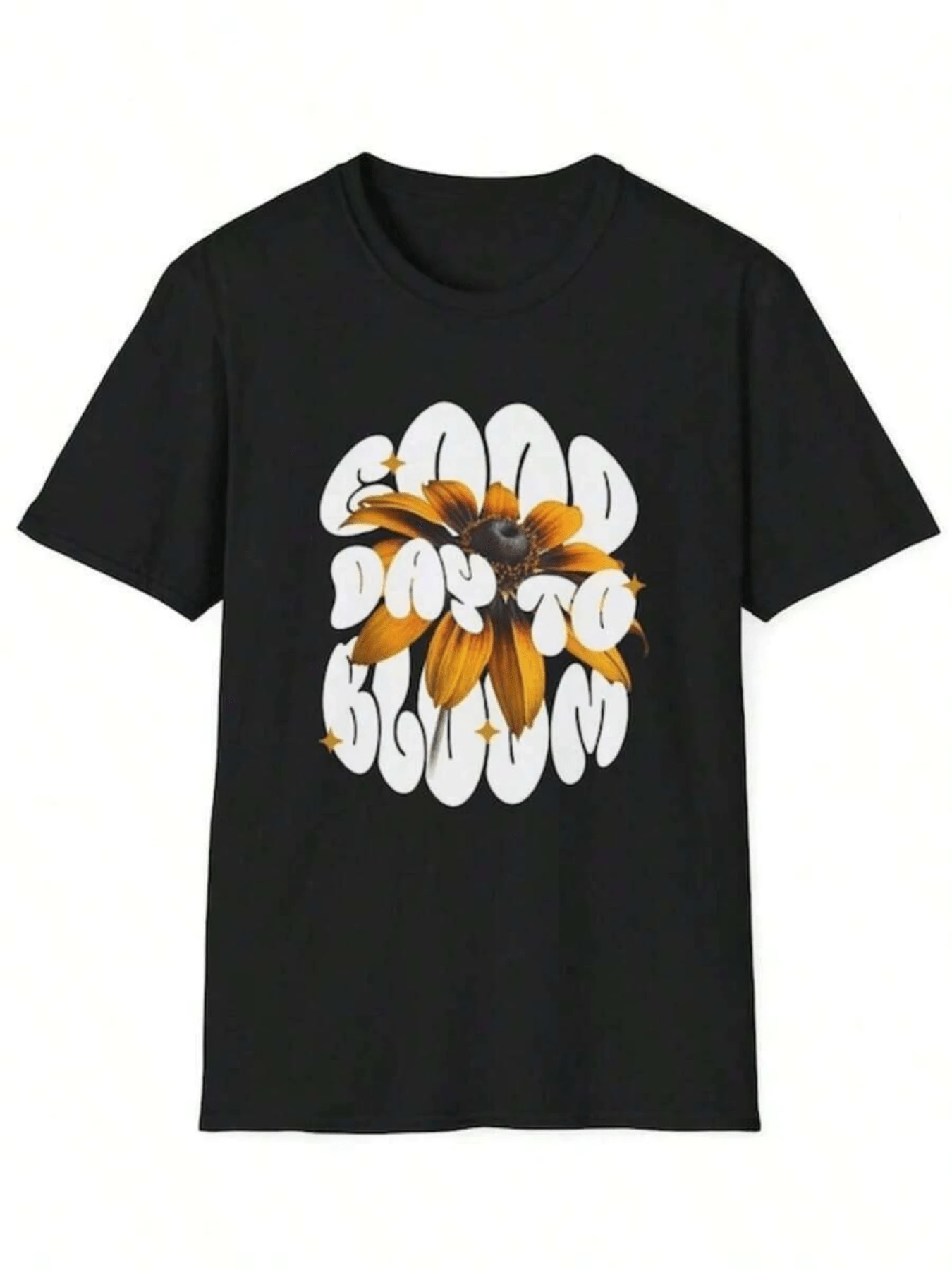 Flor amarilla brillante que simboliza energía positiva y renacimiento diario acompañada de letras blancas curvas que inspiran alegría y motivación camiseta de mujer cómoda moderna para días relajados - Negro - Ver 1