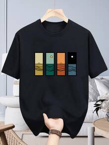 Camiseta de Streetwear Holgada, Camiseta Gráfica Abstracta de Atardecer en el Océano, Top Casual de Manga Corta con Cuello Redondo, Transpirable, Estilo Minimalista de la Naturaleza - Blanco - Ver 7