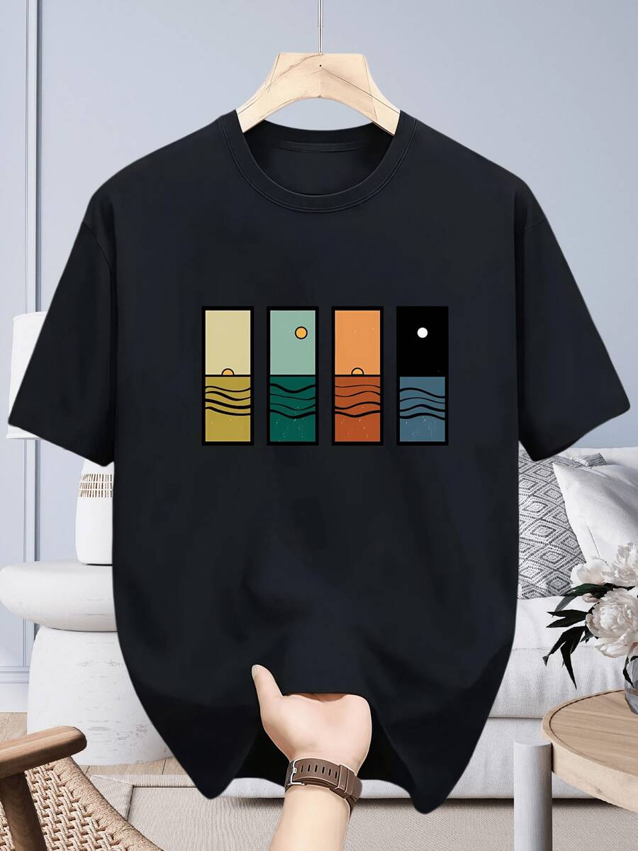 Camiseta de Streetwear Holgada, Camiseta Gráfica Abstracta de Atardecer en el Océano, Top Casual de Manga Corta con Cuello Redondo, Transpirable, Estilo Minimalista de la Naturaleza - Negro - Ver 1