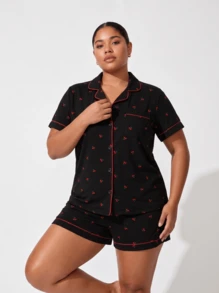 Snug League Plus Size Women Bubble Crinkle Cherries Print Short Sleeve Shirt & Shorts Pajama Set, Outfits - Black - View 9