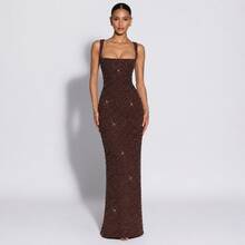 Glamorous Sheath Square Neck Sleeveless Sparkly Brown Sequin Maxi Dress Evening Party - 棕色 - 查看 1