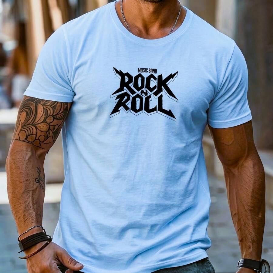 Men's Streetwear T-Shirt With Printed ROCK AND ROLL Music Band Design, Basic Style, Premium Fabric, For Everyday Wear. - Celeste - Ver 1