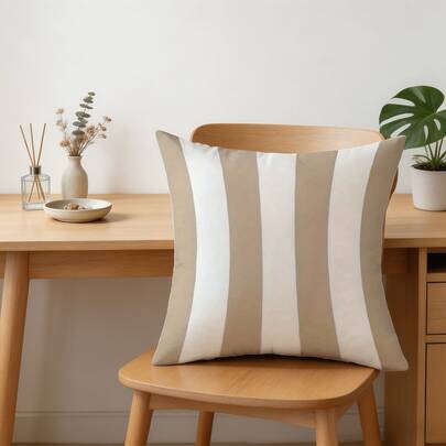 1pc Beige & White Striped Pillow Case Set, Minimalist & Fashionable Sofa Cushion Cover, Made Of Soft Polyester Fabric, European Style, Zipper Closure, Single-Sided Printing, Machine Washable, Suitable For Sofa, Living Room, Outdoor Patio, Farmhouse