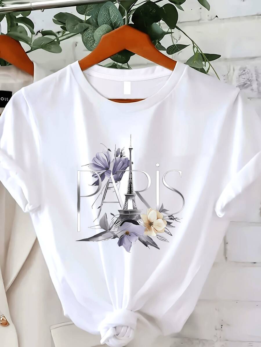 Camiseta de cuello redondo de París para mujer, camiseta casual de manga corta de verano y primavera - Blanco - Ver 1
