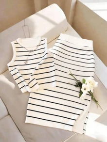 UREREM Plus Size Women's Striped Round Neck Tank Top And Skirt Beach Set Elegant Summer - Black and White - View 3