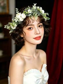 1pc White Faux Flower Wreath Headband, Princess Style Green Leaf Hair Hoop, Vacation Outfit Accessory, Bridal Flower Crown Decor,Hair Garland,Head Wreath - Green - View 1