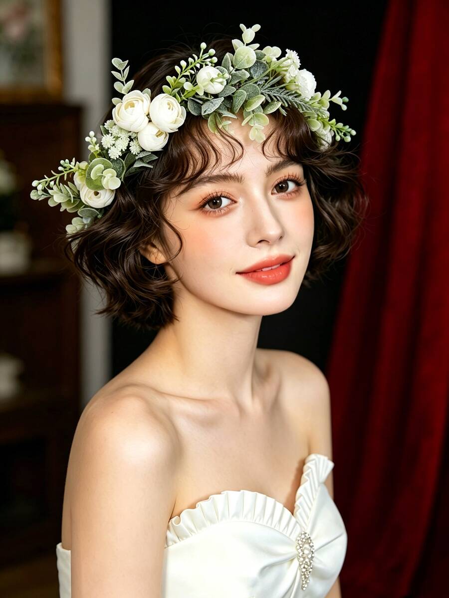 1pc White Faux Flower Wreath Headband, Princess Style Green Leaf Hair Hoop, Vacation Outfit Accessory, Bridal Flower Crown Decor,Hair Garland,Head Wreath - Green - View 1