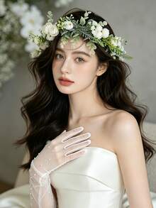 1pc White Faux Flower Wreath Headband, Princess Style Green Leaf Hair Hoop, Vacation Outfit Accessory, Bridal Flower Crown Decor,Hair Garland,Head Wreath - Green - View 2
