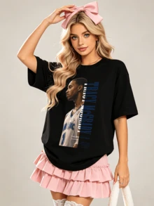 Women's Summer Casual Soft Round Neck Short Sleeve T-Shirt,Basketball Star TM Print Graphic Suitable For Spring And Summer Wear. - Black - View 4