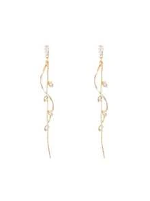 1 Pair Gold Twisted Leaf Tassel Earrings, Inlaid With Simulated Zirconia Tassels, Elegant Bridal Fashion Earrings, French Luxury, Suitable For Weddings, Engagements, Formal Dinners, And Daily Wear, Perfect Gift - Multicolor - View 12