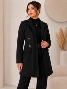 Women's Premium Structured Elegant Wool Overcoat With Fitted Waist For Winter - 黑色 - 查看 3