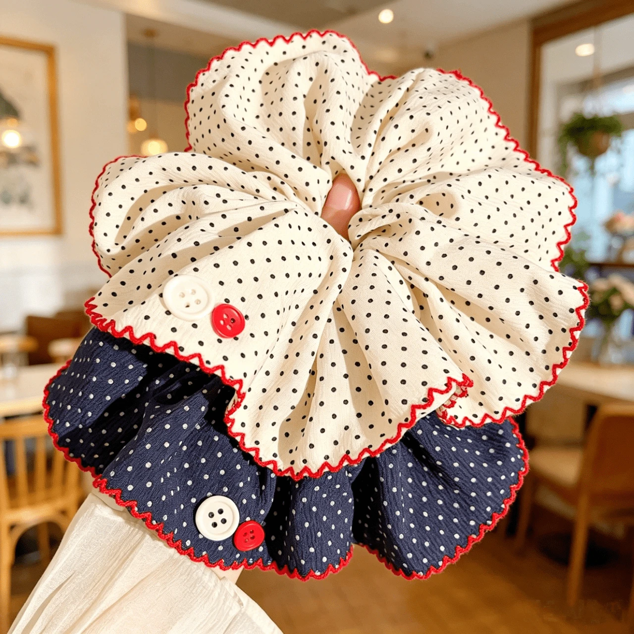 Retro Polka Dot Style, Sweet Ruffled Edge Lovely Heart Button Decor, Soft Skin-Friendly Large Size Fluffy, High Elastic Daily Hair Ties Ponytail - Multicolor - View 1