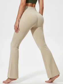 KyrLssu Quần ống loe cạp cao, co giãn, nâng mông và làm thon gọn vòng ba dành cho nữ tập yoga. - Màu Khaki - Xem 5