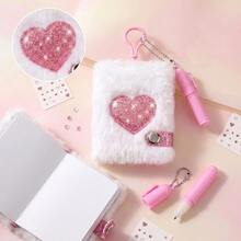Cute Plush Heart Diary Pendant, Fluffy Faux Fur Mini Notebook, Portable Adorable Notepad, Student Essential, Student Writing Notebook Gift - Multicolor - View 2