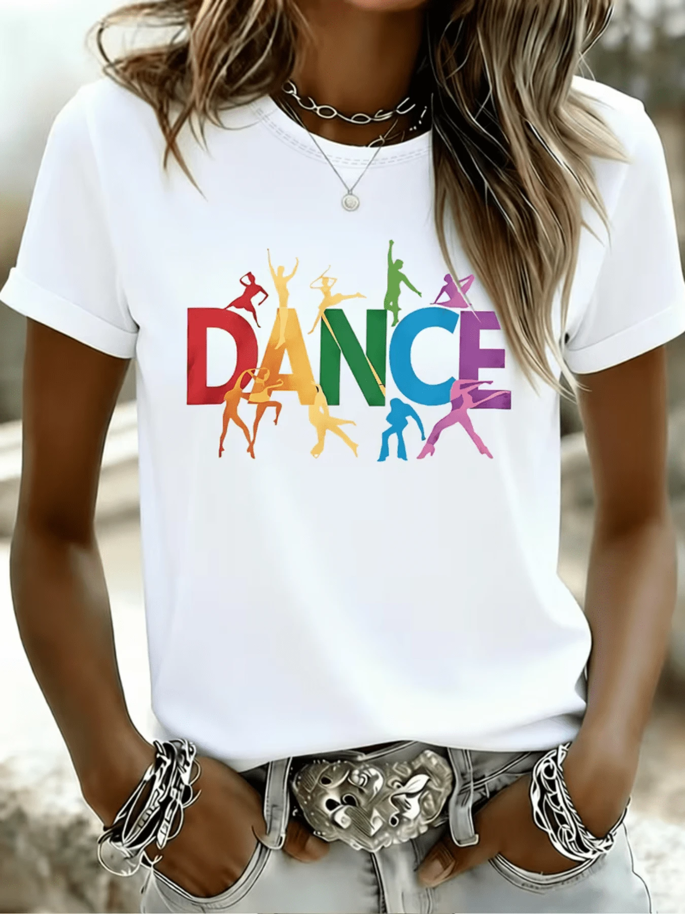 Colorful Figures Of Dancing Silhouettes Convey Energy, Freedom, And Movement, With The Word DANCE In Vibrant Tones That Inspire Joy And Rhythm. A Comfortable, Modern, Casual Women's T-Shirt For Summer. - 白色 - 查看 1