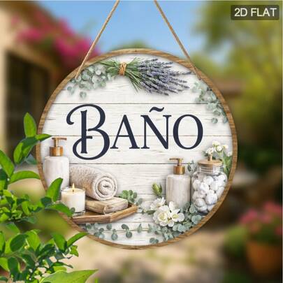 1pc 2D Flat Wooden Spanish Decorative Bathroom Sign, Circular Decorative Plaque, Suitable For Home, Store, Bedroom, Washroom Wall Decor, Can Be Used For Home Decoration Or As A Unique Interesting Gift