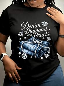 This Garment, With Its Exquisite Combination Of Denim, Diamonds, And Pearls, Symbolizes Luxury, Elegance, And Opulence In Every Detail, Creating A Chic And Modern Outfit Ideal For Highlighting Your Unique Style. This Women's T-Shirt Is A Fashion Gem. - 黑色 - 查看 1