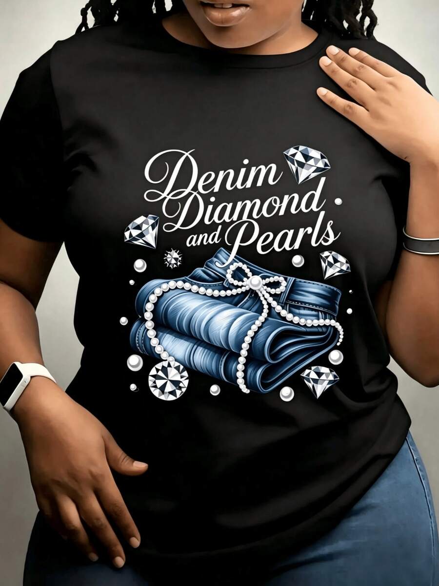This Garment, With Its Exquisite Combination Of Denim, Diamonds, And Pearls, Symbolizes Luxury, Elegance, And Opulence In Every Detail, Creating A Chic And Modern Outfit Ideal For Highlighting Your Unique Style. This Women's T-Shirt Is A Fashion Gem. - 黑色 - 查看 1